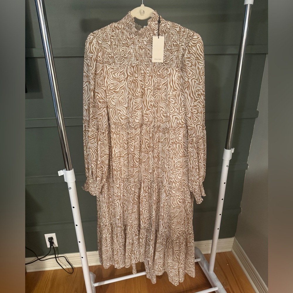 Cinq a Sept Tan Tiered Ruffled Sundress with Bishop Sleeves